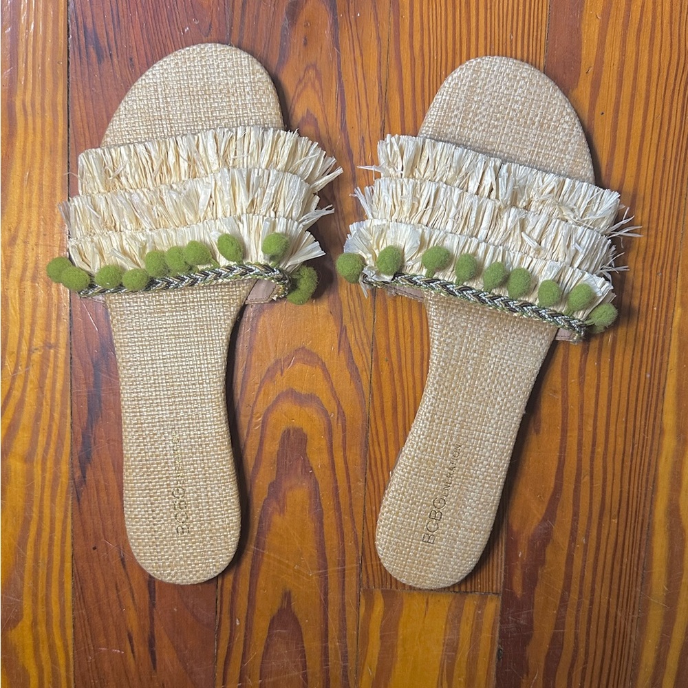 BC Footwear Natural and Olive Pom-Pom Sandals